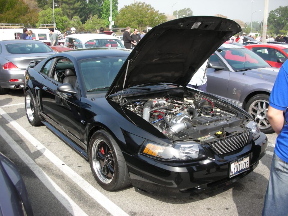 Black Ford Mustang GT with hood open showing a turbo setup, plate VUT103