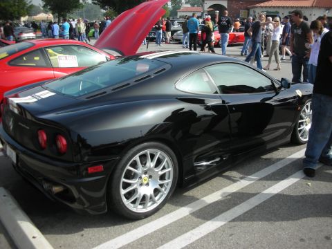 1998 Ford Crown Victoria - Rear three-quarter view of a black Ferrari coupe on silver multispoke wheels parked among other Ferraris at a car show.