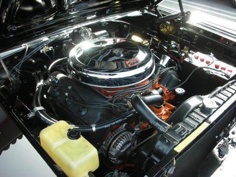 1998 Ford Crown Victoria - detailed V8 engine bay with a chrome air cleaner, orange block and yellow overflow tank.