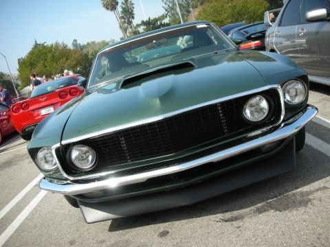 1998 Ford Crown Victoria - Head-on view of a dark green Ford Mustang's grille, headlights and front chin spoiler.