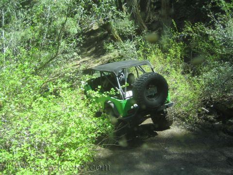 1987 Suzuki Samurai - A green off-road vehicle navigates a wooded trail, its spare tire prominently displayed on the rear.