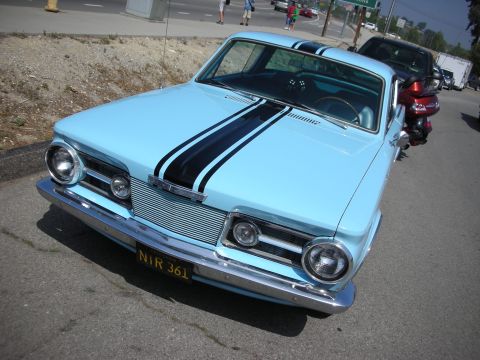 1998 Ford Crown Victoria - Front view of a light blue classic coupe with black center stripes, quad headlights and a chrome grille on a roadside.
