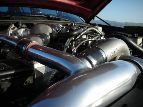 1992 Ford Crown Victoria - Custom turbocharger piping and intercooler installed in an engine bay, with 'FAYTON' branding visible.