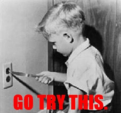 1994 Ford Bronco - A child is shown with a knife near an electrical outlet, with superimposed text encouraging a dangerous action.