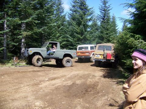 1968 Ford Bronco - Several off-road vehicles are parked on a dirt path surrounded by tall pine trees.