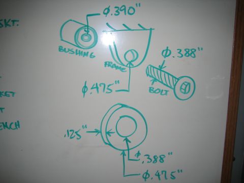 2001 Jeep Wrangler - Dimensioned whiteboard sketch of a bushing, bolt, and frame bore showing diameters of 0.390, 0.388, and 0.475 inches.