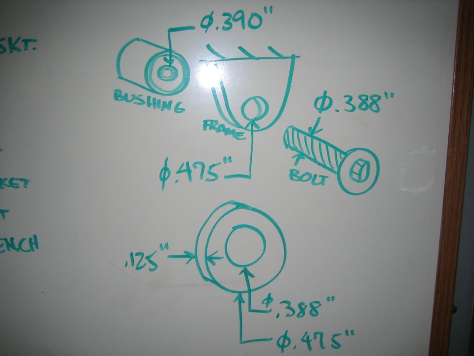 Hand-drawn dimensioned whiteboard sketch of bushing, bolt, and frame with diameters