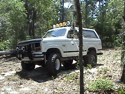 1986 Ford Bronco - A white Ford Bronco is parked in a wooded area, equipped with auxiliary lights on its roof.