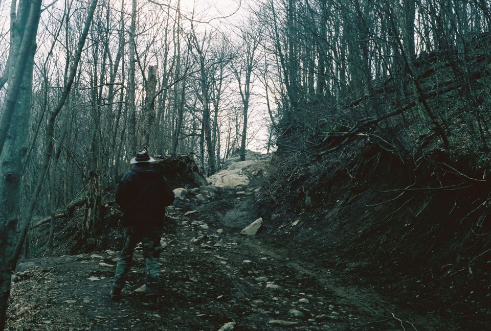 Guy in hat and camo pants walks up a rocky, wooded trail