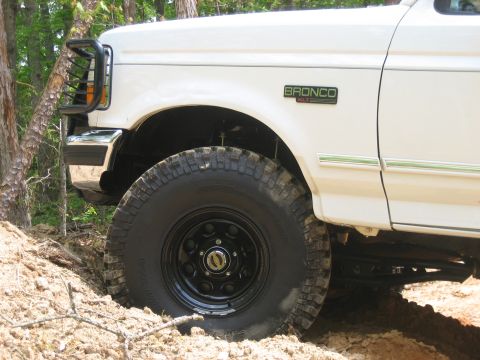 1996 Ford Bronco - A white 1996 Ford Bronco is shown off-road, with its front tire in dirt.