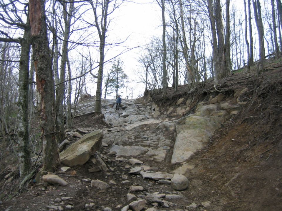 Person walking up a steep, rocky trail in a wooded area. Bare trees suggest it's late fall or early spring