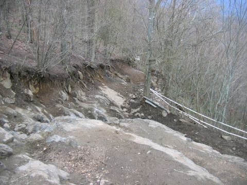 1992 Ford Mustang - A rough mountain trail winds through a wooded area with rocky terrain and guardrails.