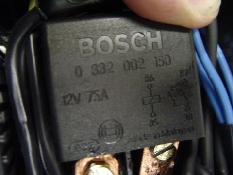 1989 Ford Bronco - Close-up of a Bosch 12V 75A relay, part number 0 332 002 150, made in Malaysia.