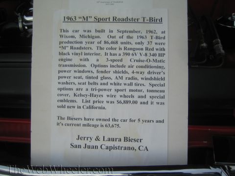 1990 Ford Bronco - Photo of a car-show display card detailing the history and options of a 1963 'M' Sport Roadster T-Bird.