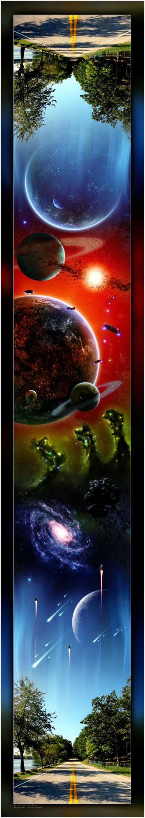 1997 Ford Crown Victoria - This digital artwork displays a cosmic scene with celestial bodies and a terrestrial landscape at its base.