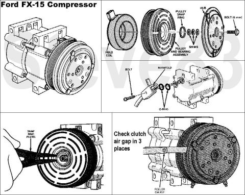 1983 Ford Bronco - FX-15 Compressor Type: swashplate with 5 double-acting axial pistons Displacement: 10.4 CI (170cc) Bore: 29mm Stroke: 25.7mm Rotation: CW R…