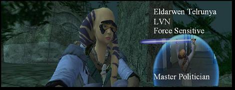 1990 Ford Probe - A character from Star Wars Galaxies is depicted with text labels indicating their in-game status.