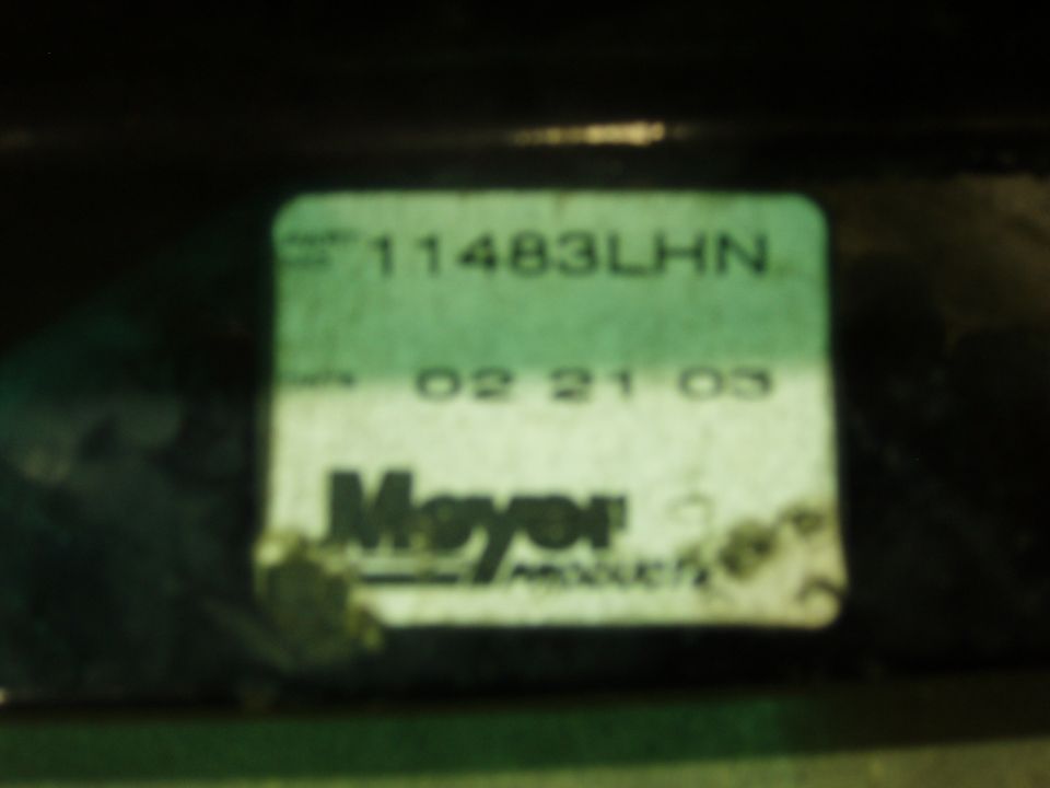 Green sticker with 'Meyer Products' and date '02 21 03'