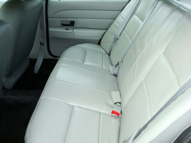 Interior shot of light-colored leather rear seats and door panel
