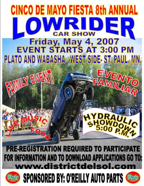 1998 GMC Sierra 1500 - Poster advertises the 8th Annual Cinco De Mayo Fiesta Lowrider Car Show with event details and a car performing a hydraulic stunt.