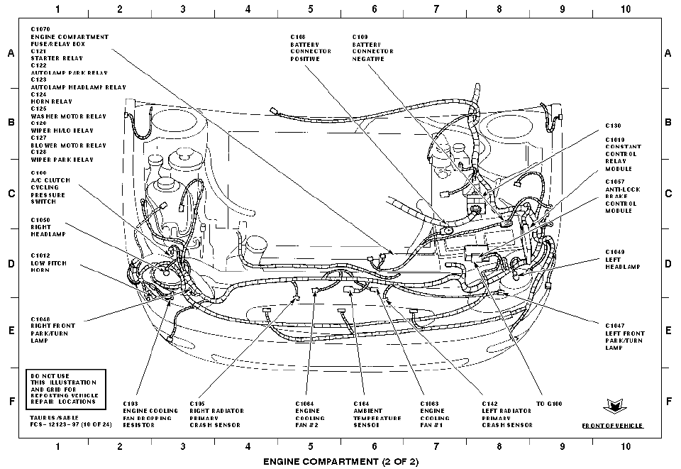 Engine compartment harness connector location diagram with gridded callouts for relays and connectors