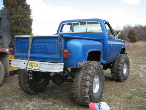 1990 Ford Bronco - This lifted Chevrolet pickup truck features massive off-road tires and a bright blue paint job, seen from the rear.