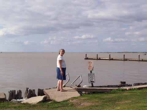 1992 Ford Bronco - A person stands on a concrete dock overlooking a body of water, with a wooden pier and warning signs visible.