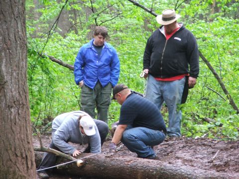 1996 Ford Bronco - A group of people work together to move a large fallen tree in a wooded area.