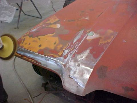 1967 Mercury Cougar - Here is the hood being stripped. A bondo spot was found lurking.