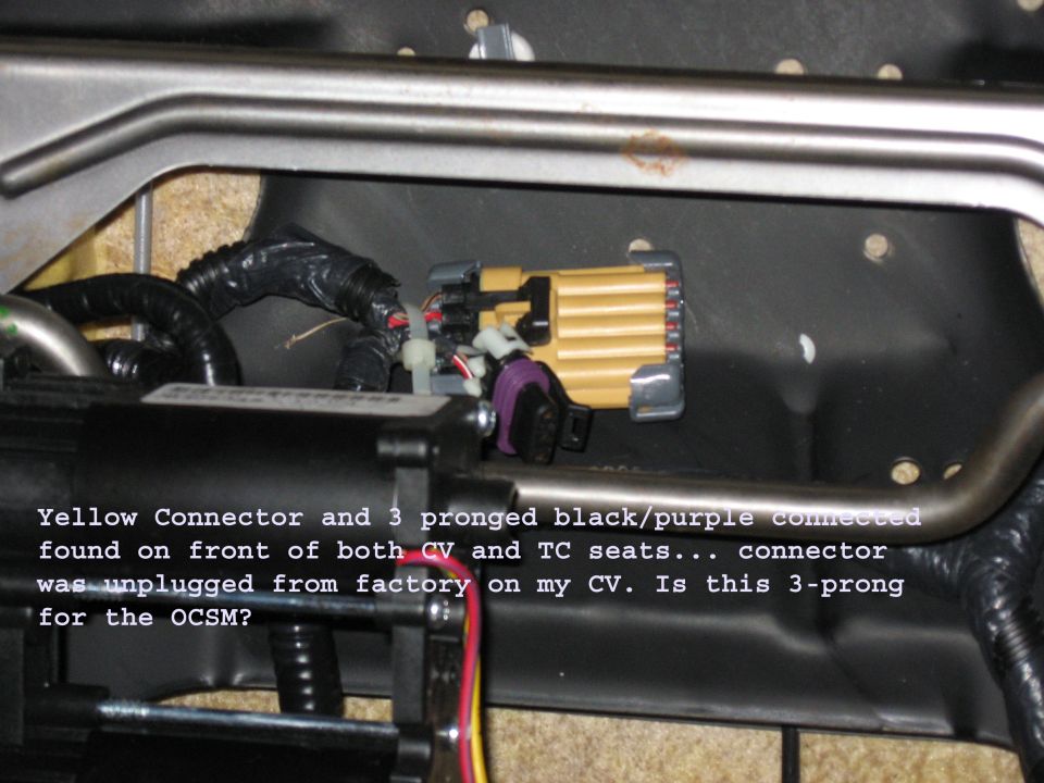 Yellow airbag connector and purple 3-pin plug under seat frame with question text