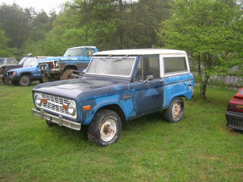 1992 Ford Mustang - This blue Ford Bronco with a white top is parked in a grassy area with other vehicles.