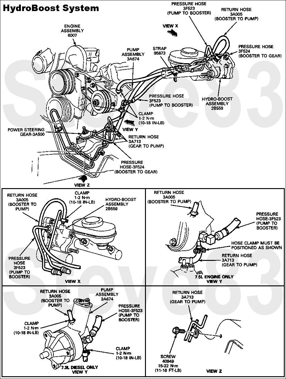Black-and-white HydroBoost brake system diagram
