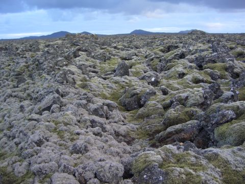 1974 Ford Bronco - Expansive landscape of volcanic rock formations covered in moss and lichen.