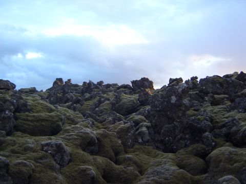 1974 Ford Bronco - A landscape scene of moss-covered rocks and lava formations under a dramatic sky.