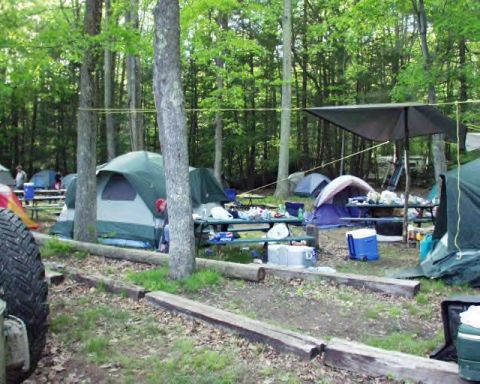 1991 Ford Bronco - A wooded campsite is set up with multiple tents and picnic tables, suggesting a recreational outdoor gathering.