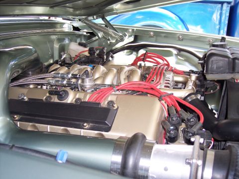1972 Ford Ranchero - Close-up view of a vehicle's engine bay, showing the V8 engine components.