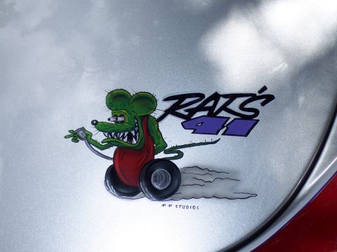 1972 Ford Ranchero - A custom graphic a cartoon rat with the text 'RATS 40' is visible on a silver surface.