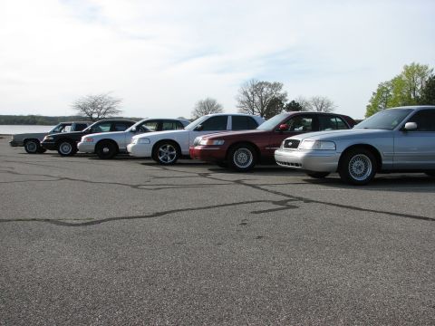 2003 Ford Crown Victoria - Several Ford Crown Victorias are lined up in a parking lot near a body of water.