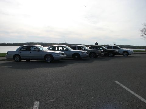 2003 Ford Crown Victoria - Several Ford Crown Victorias are lined up next to a lake under an overcast sky.