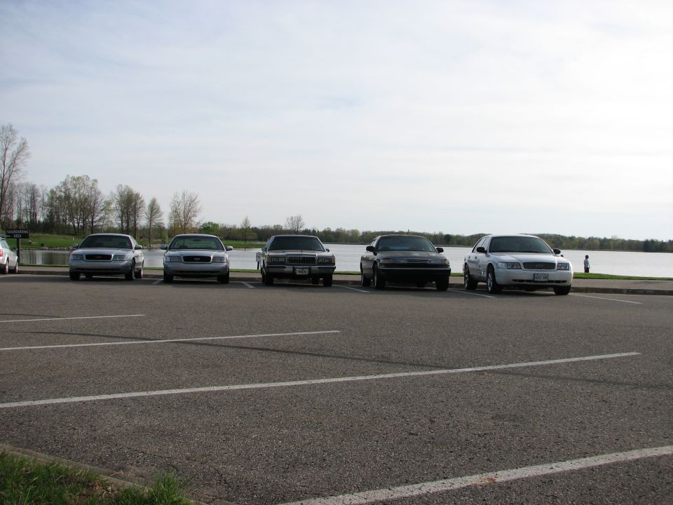 Four Ford Crown Victorias parked in a lot, three silver and one black, facing forward