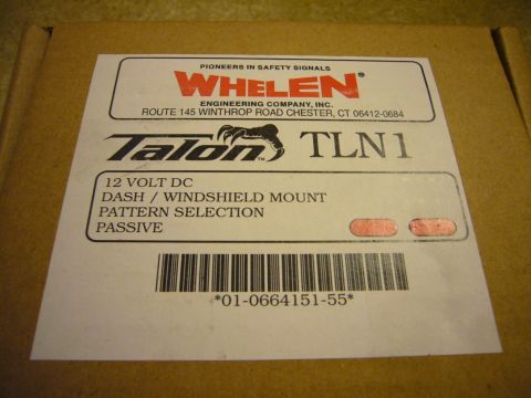 2000 Ford Crown Victoria - Packaging for a Whelen Talon TLN1 light bar, indicating it is a 12 Volt DC dash or windshield mount unit with passive pattern selection.