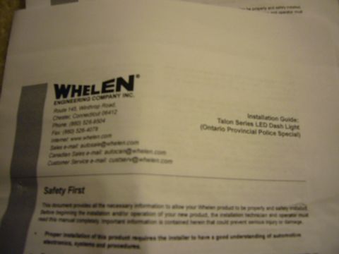 2000 Ford Crown Victoria - Installation guide for Whelen Talon Series LED Dash Light, Ontario Provincial Police Special.