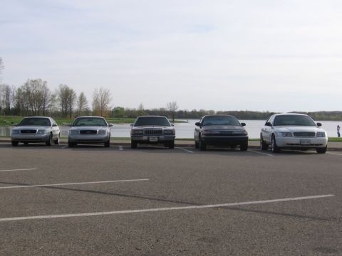 1988 Mercury Grand Marquis - Several sedans are parked in a lot facing a body of water under a cloudy sky.