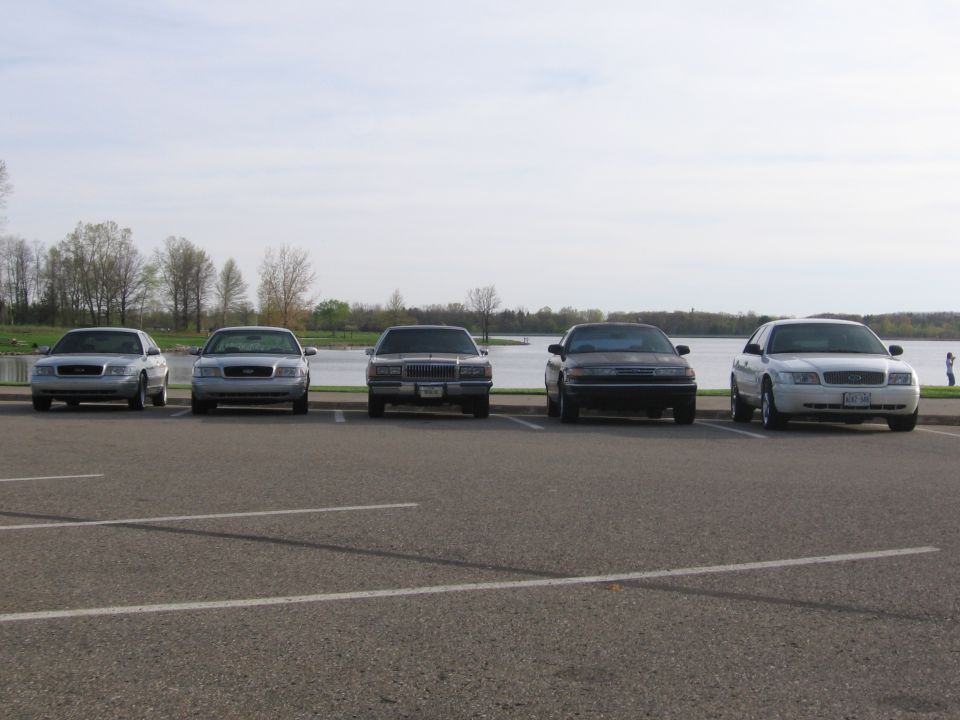 five sedans parked in a lot by a lake