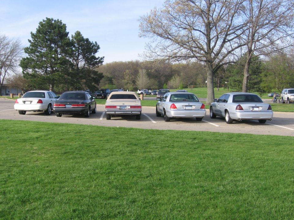 Several Crown Victoria-style sedans parked in a lot; one is tan, others are silver or white