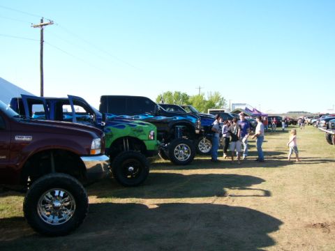 1978 Ford Bronco - Several custom pickup trucks are lined up on a grassy field under a clear blue sky.