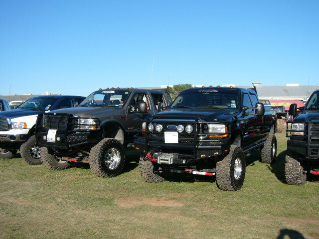 Several lifted Ford trucks parked on grass under a clear blue sky