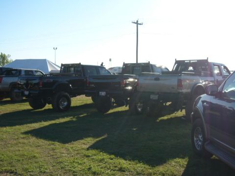 1978 Ford Bronco - Several pickup trucks are parked on a grassy field under a clear sky.