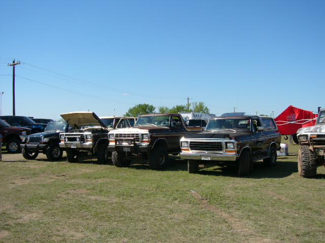 Several Ford Bronco SUVs parked on grass under a clear blue sky. One has its hood open