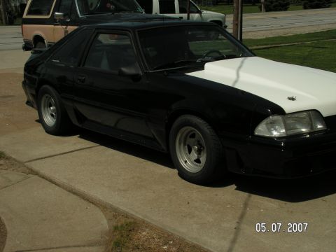 1988 Ford Mustang - A black 1988 Ford Mustang coupe with a white hood is parked on a driveway, with other vehicles visible in the background.